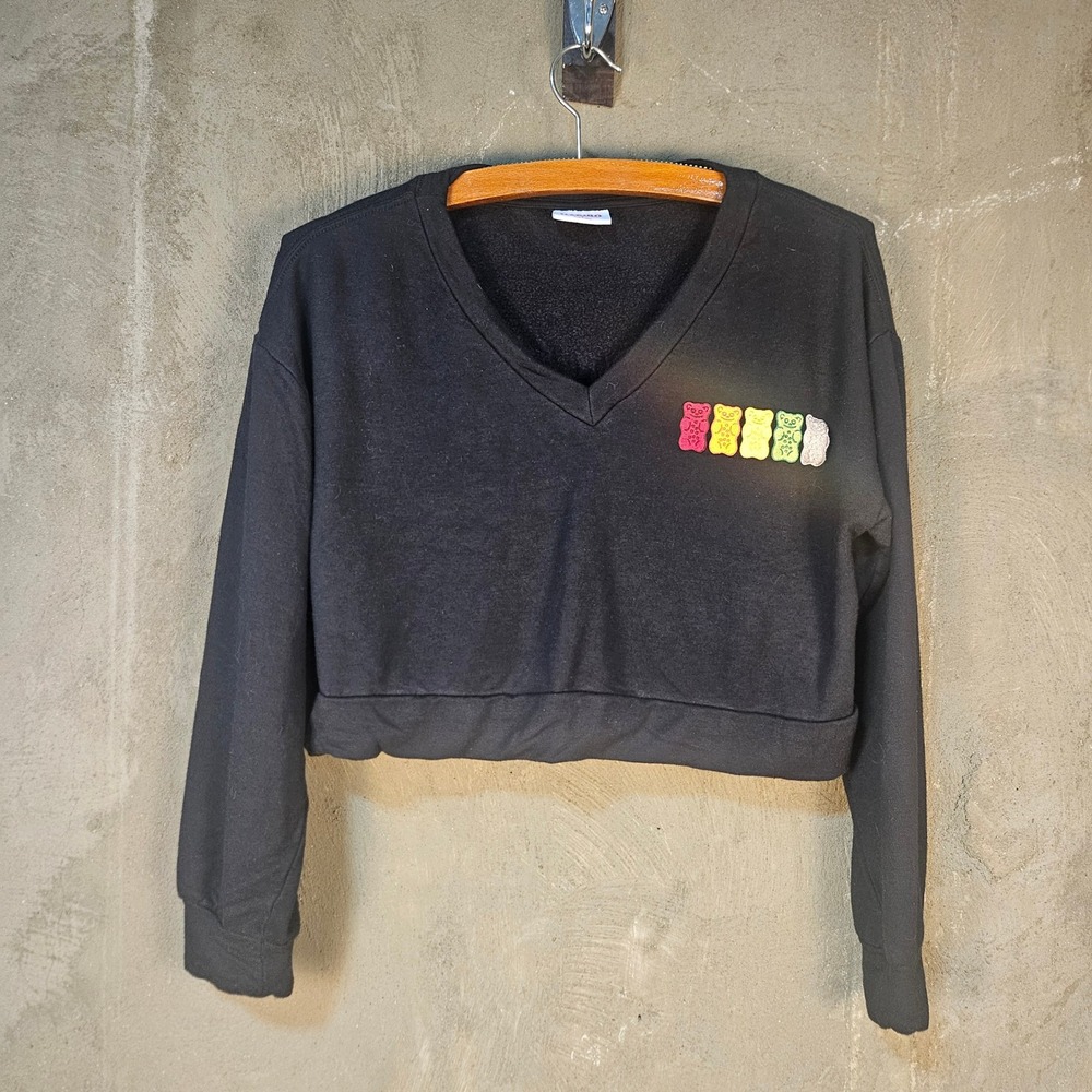 Haribo Goldbears Gummy Bears Cropped V-Neck Sweatshirt S Black Embroidered Candy